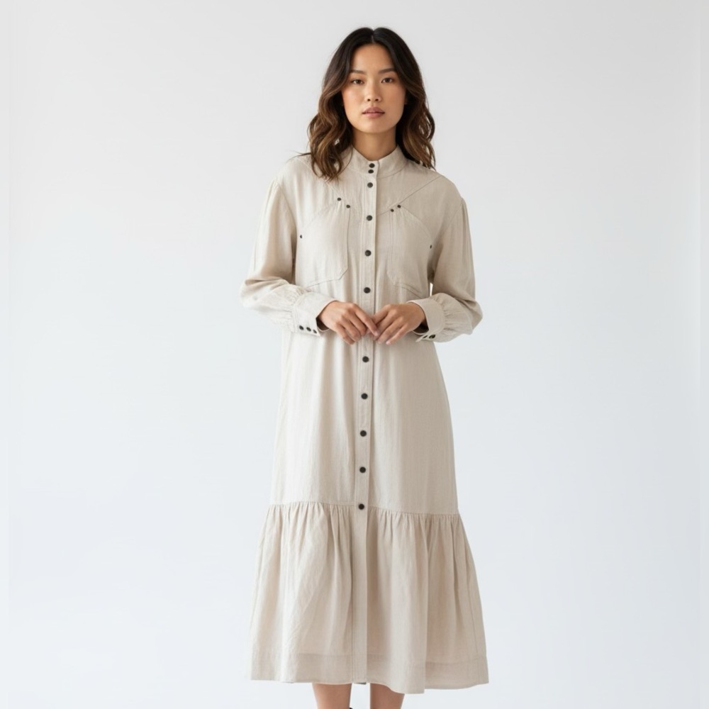 SHONA JOY BEIGE LINEN LAGENLOOK WESTERN UTILITY HIGH NECK MAXI DRESS SZ 12 EUC